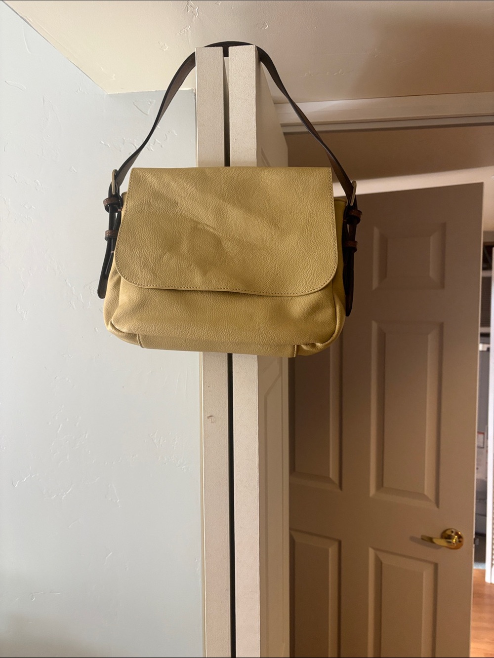 Joy Susan Mustard Yellow Leather Shoulder Bag with Dark Brown Strap